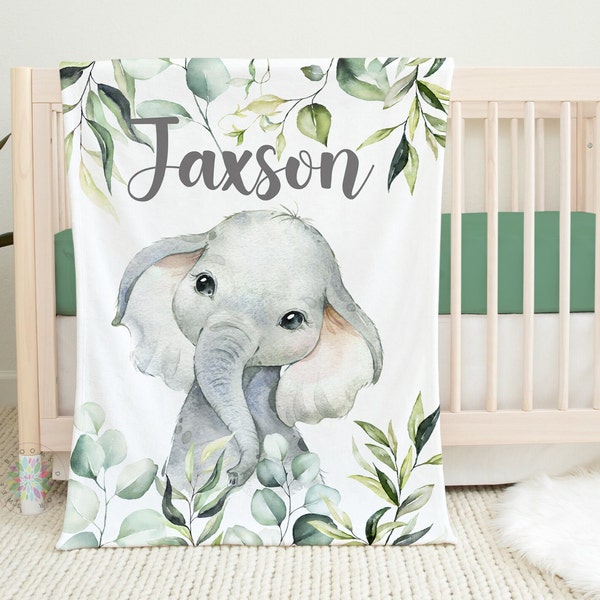 Elephant Blanket, Baby Name Personalized Watercolor Eucalyptus Green Leaves  Custom Newborn Boy Baby Shower Gift Nursery Bedding B1598