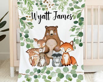 Woodland Animals Baby Boy Name Blanket Eucalyptus Greenery Leaves Trees ...