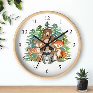 Woodland Animals Wall Clock, Watercolor Evergreens Pine Trees Forest  Bear Dear Fox Owl  Raccoon Nursery Decor Baby  Boy Bedroom Sign 117