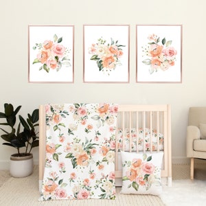 Peach Pink Floral Baby Girl Nursery Bedding Set Watercolor  :Fitted Crib Sheet,16x16 Throw Pillow,30x40 Minky Blanket,3(11x14) Wall Art Set