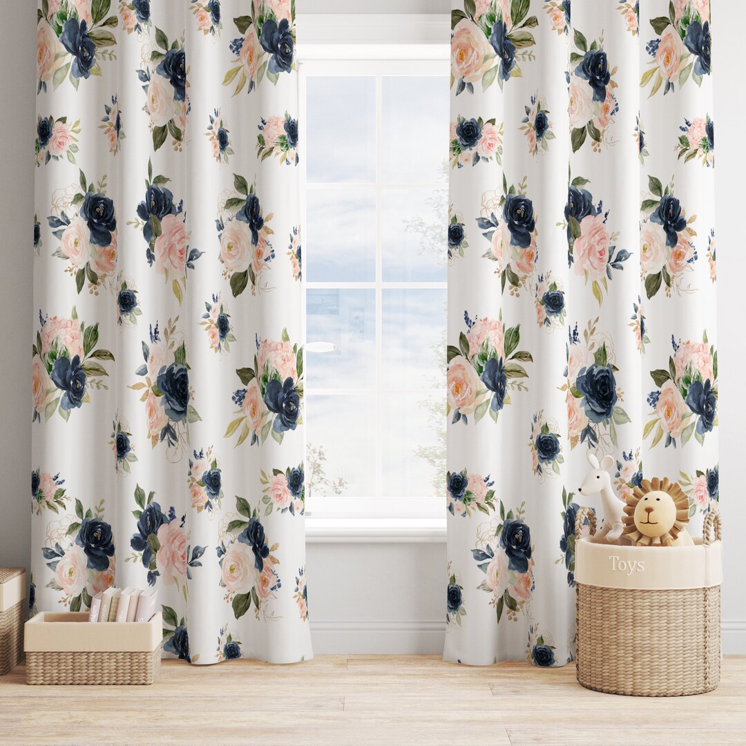 Navy Blush Pink Floral Window Curtains, Roses Flowers Curtain Panel, Kids Bedroom Curtains