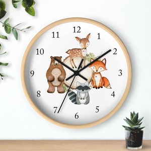 Woodland Animals Wall Clock, Watercolor  Nursery Wall Clock, Girl Bedroom Decor, Woodland Forest Animals Nursery Decor