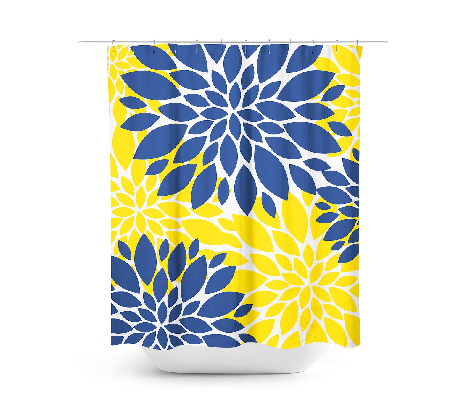 Yellow Navy Blue Floral Shower Curtain Dahlia Flowers Bathroom Etsy