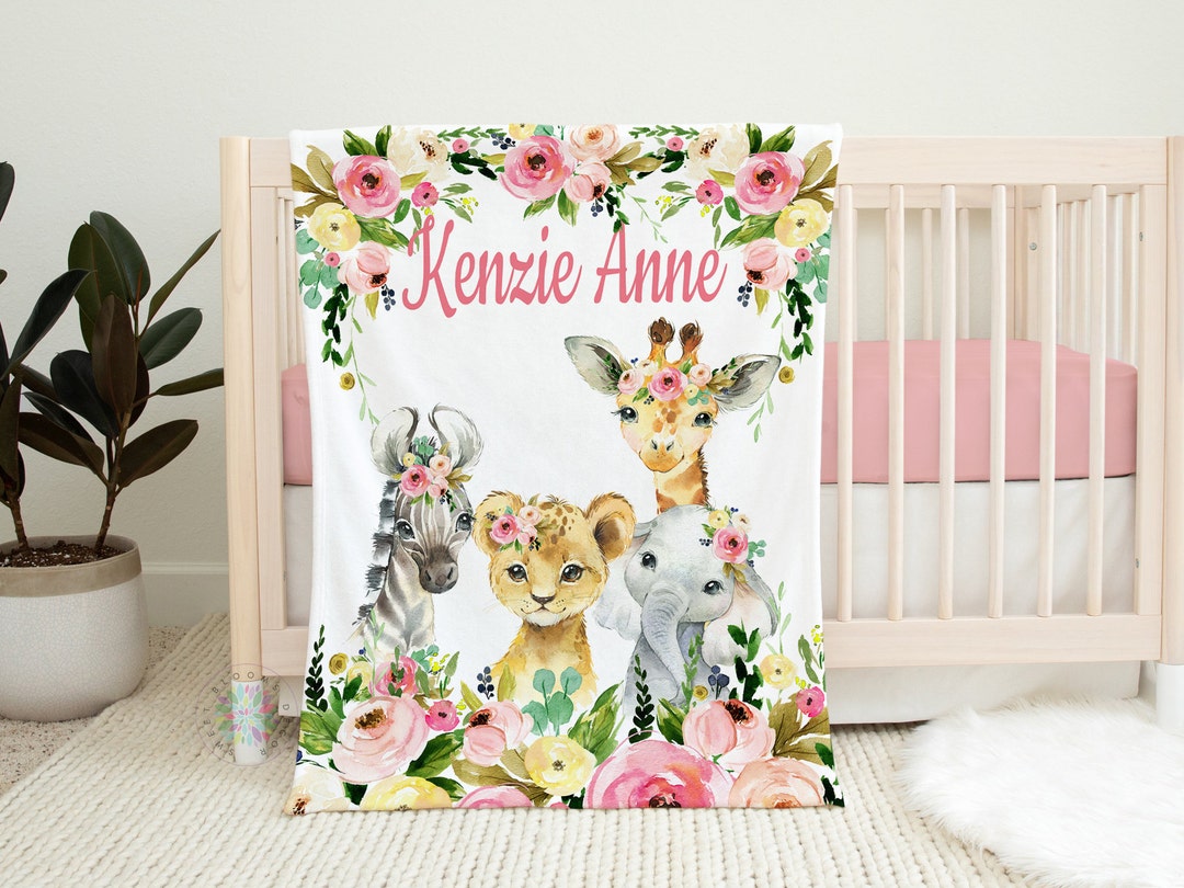 Animals Floral Girl Name Blanket, Blush Pink Flowers Personalized ...