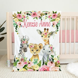 Animals Floral Girl Name Blanket, Blush Pink Flowers Personalized  Safari Jungle Baby Blanket Newborn Baby Shower Gift , B1464