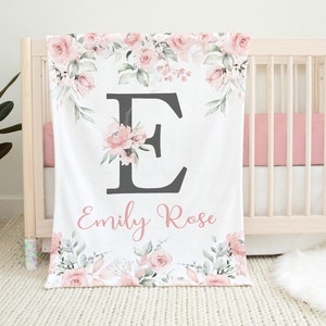 Pink Floral Baby Blanket, Soft Pink Watercolor Flowers Roses Name Blanket, Monogram Baby Girl Personalized Blanket, Baby Shower Gift  B1530