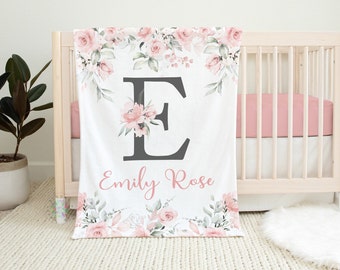 Pink Floral Baby Blanket, Soft Pink Watercolor Flowers Roses Name Blanket, Monogram Baby Girl Personalized Blanket, Baby Shower Gift  B1530