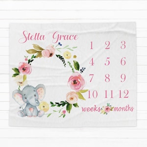 Elephant Girl Milestone Blanket, Personalized Baby Monthly Growth, Elephant Pink Roses Wreath, Floral Ring, Baby Shower Gift, Keepsake B299
