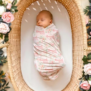 Pink Roses Swaddle Blanket, Personalized Girl Floral Blanket, Blush Pink Roses Baby Name Blanket, Newborn Baby Shower Gift B1731