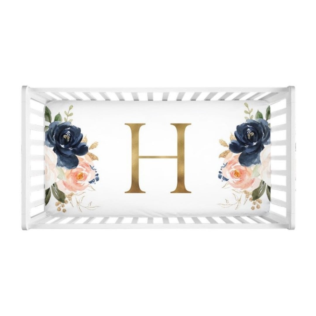 Floral Fitted Sheet Watercolor Navy Blue Coral Blush Pink Newborn Baby ...
