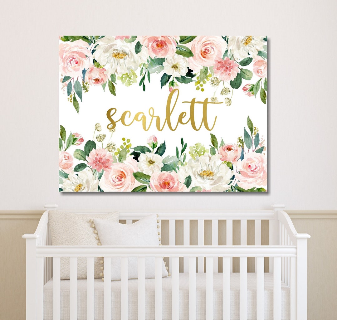 Floral Girl Nursery Name Sign Wall Art Blush Pink Gold Coral Flowers ...