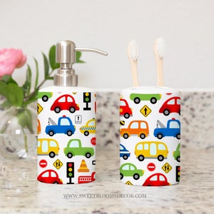 Transportation Toothbrush Holder and Soap Dispenser, Kids Bathroom Decor Cars Trucks Traffic Signs Construction Police Car Fire Truck S192