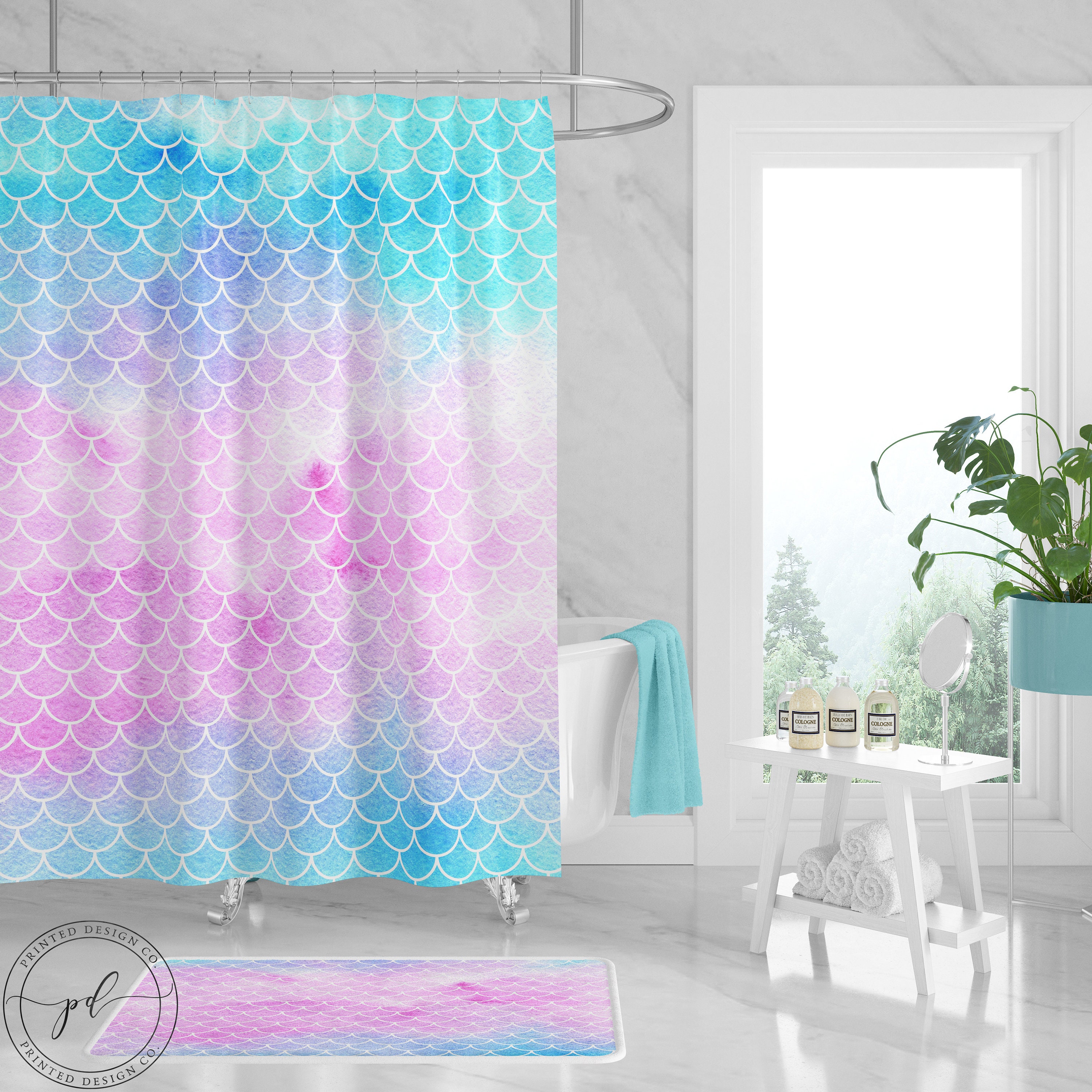 Mermaid Shower Curtain Watercolor Mermaid Scales Pink Teal Etsy