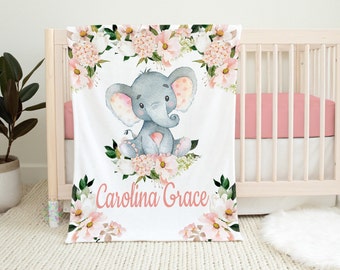 Pink Floral Elephant Baby Girl Blanket, Blush Pink  Watercolor Flowers Baby Girl Blanket Baby Shower Gift Nursery B1175