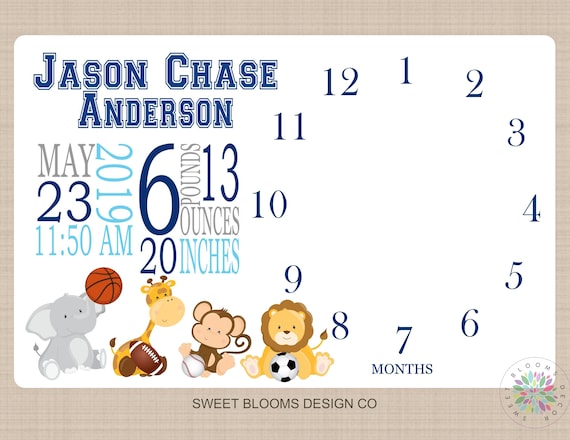 Home & Living BABY MILESTONE BLANKET Boy Month Monkey Safari Animals ...