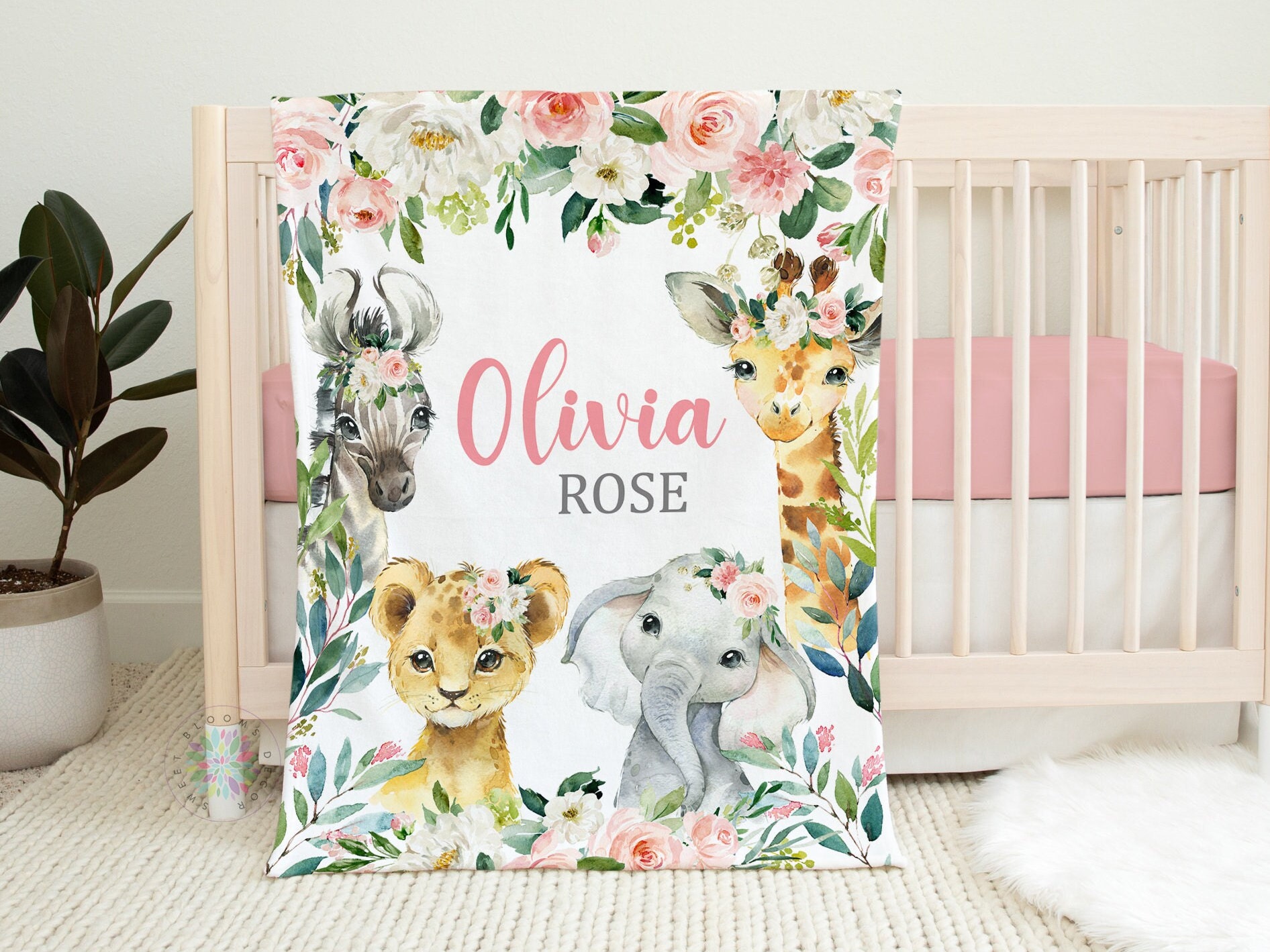 Safari Animals Floral Blanket, Baby Girl Personalized Name Blush Pink ...