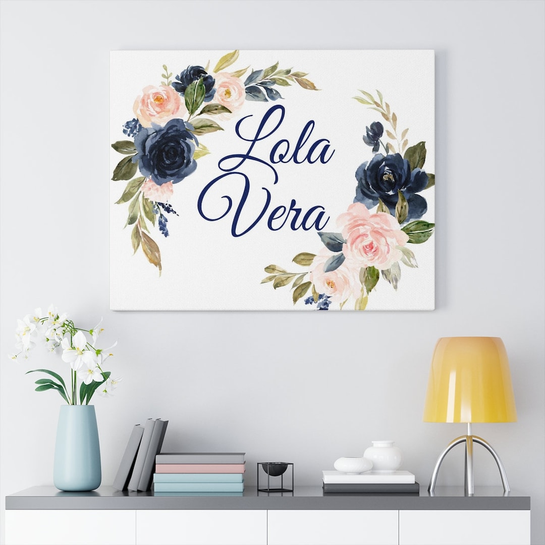 Navy Blush Pink Floral Girl Nursery Name Sign Wall Art Watercolor ...
