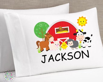 Farm Animals Pillowcase, Personalized Kids Custom Standard Pillow Case with Name Barn Horse Cow Chicken Sheep