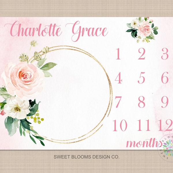 Girl Milestone Blanket Floral Wreath Coral Pink Blush Floral Personalized Newborn Baby Girl Watercolor Roses Flowers Baby Shower Gift B695