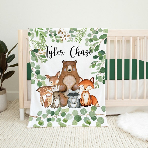 Woodland Animals Name Blanket Personalized Boy Eucalyptus Greenery Leaves Trees Bear Fox Raccoon Deer Bunny Owl Baby Shower Gift B1217