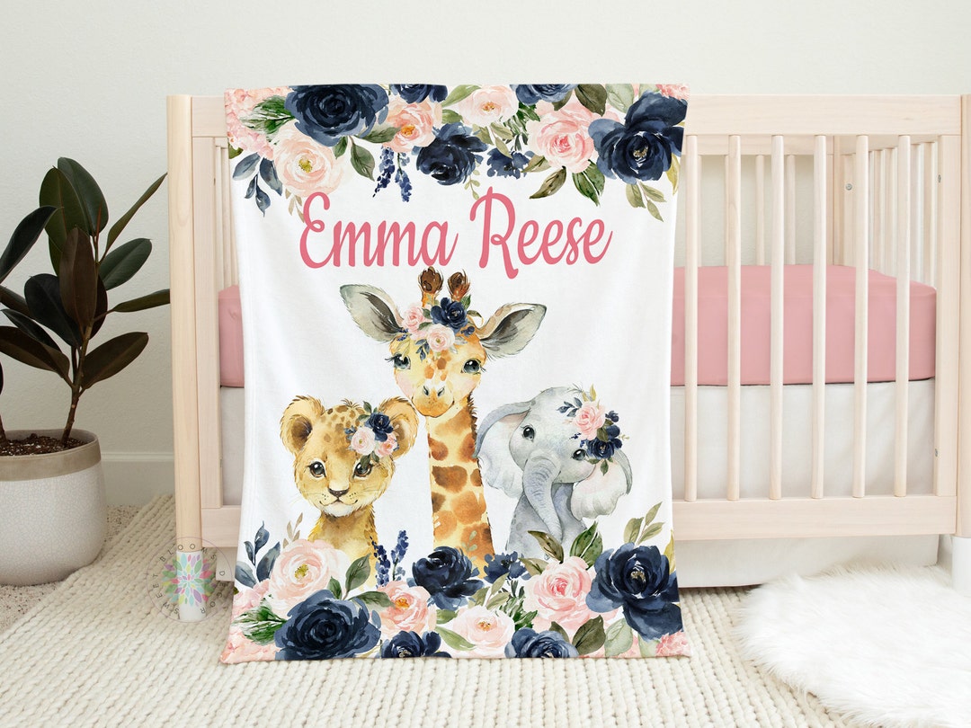 Safari Animals Floral Baby Girl Name Blanket, Blush Pink Navy Blue ...