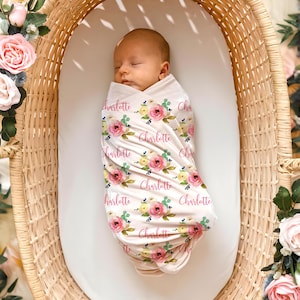 Pink Floral Swaddle Blanket, Personalized Girl Roses Blanket, Blush Pink Roses Baby Name Blanket, Newborn Baby Shower Gift B1028