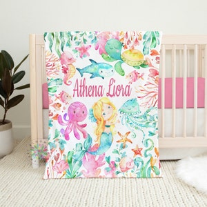 Sea Animals Mermaids Baby Blanket, Personalized Baby Girl Turtle Octopus Under The Sea Baby Shower Gift Nursery Bedding  B1659