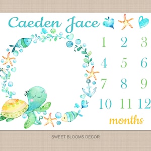 Turtle Baby Boy Milestone Blanket Monthly Growth Tracker Sea Animals Sea Turtle Ocean Gender Neutral Baby Boy Blanket Baby Shower Gift B522