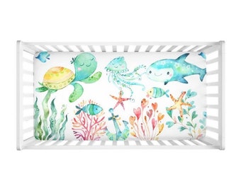 Sea Animals Animals Fitted Sheet Under the Sea Watercolor Turtle Jelly Fish Narwhal Shark Baby Shower Gift Nursery C169