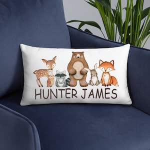 Woodland Pillow Woodland Nursery Decor Woodland Animals Boys Personalized Throw Pillow Kids Room Decor Baby Shower Gift 20x12 inch P166