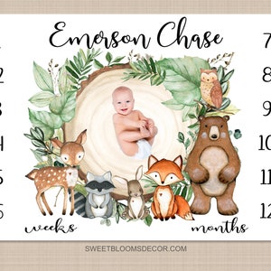 Woodland Milestone Blanket, Personalized Rustic Forest Animals Greenery Log Bear Fox Deer Raccoon Newborn Photo Prop Baby Shower Gift B1456