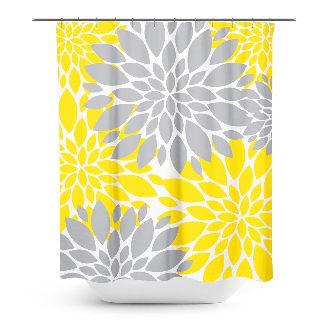Yellow Gray Floral Shower Curtain Dahlia Flowers Bathroom Etsy