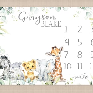 Safari Animals Milestone Blanket, Personalized Baby Boy Name Jungle Theme Boy Girl Monthly Growth Track Photo Newborn Baby Shower Gift B1629