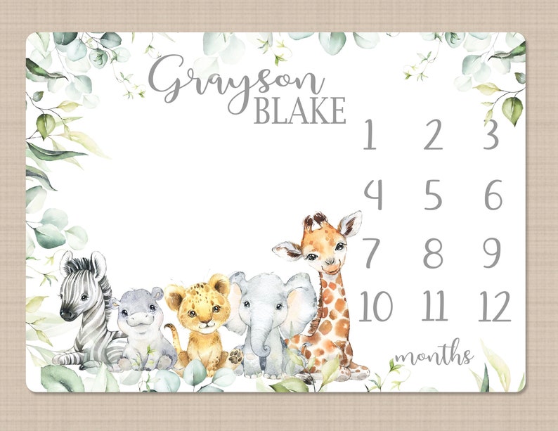 Safari Animals Milestone Blanket, Personalized Baby Boy Name Jungle ...