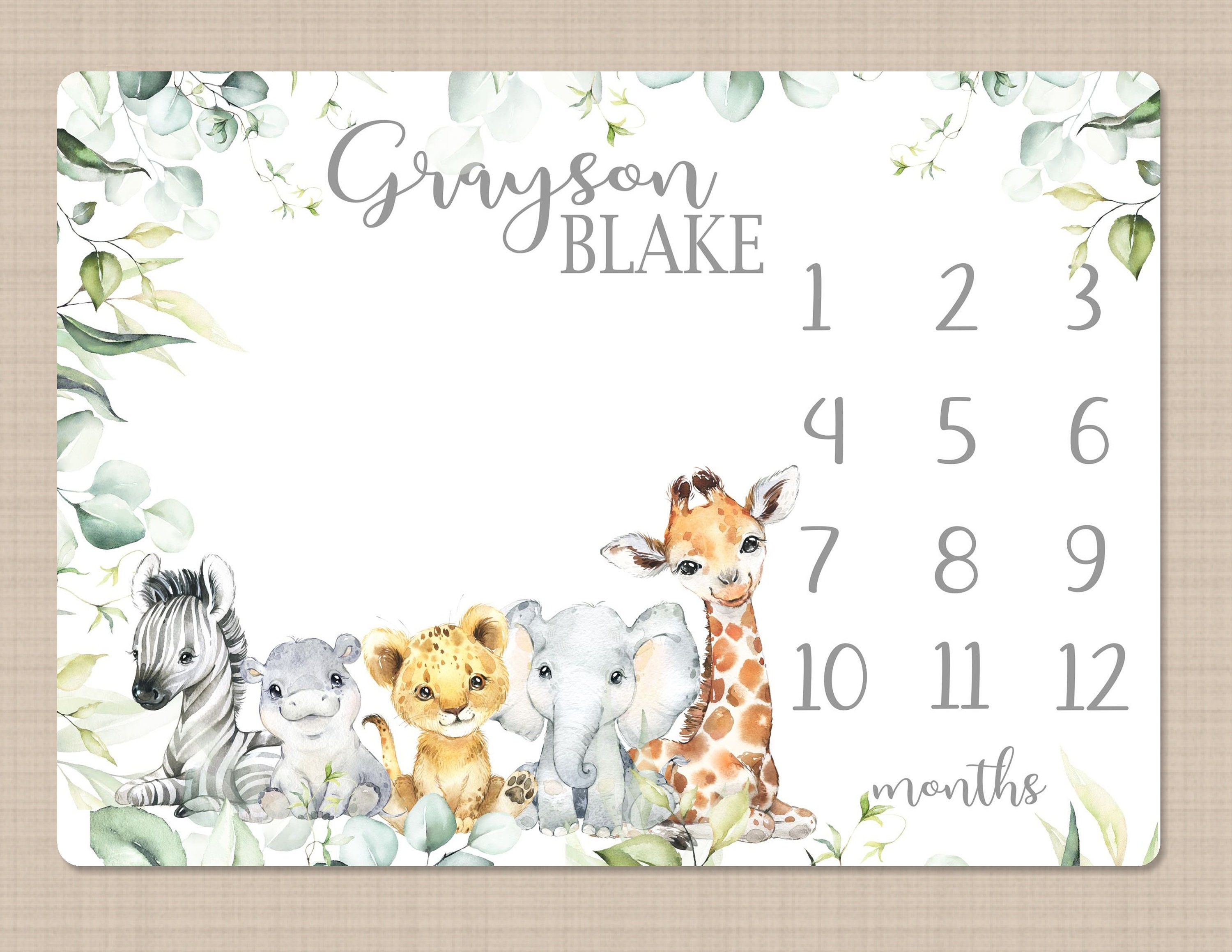 Safari Animals Milestone Blanket, Personalized Baby Boy Name Jungle Theme Boy Girl Monthly Growth Track Photo Newborn Baby Shower Gift B1629