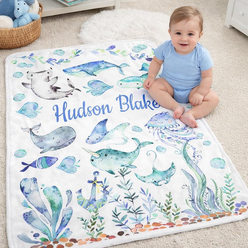 Sea Animals Baby Boy Name Blanket, Personalized Under the Sea ...