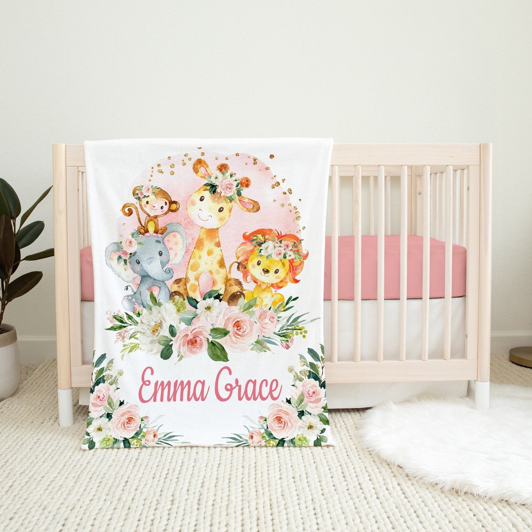 Safari Animals Floral Jungle Baby Girl Blanket Blush Pink Gold Flowers ...