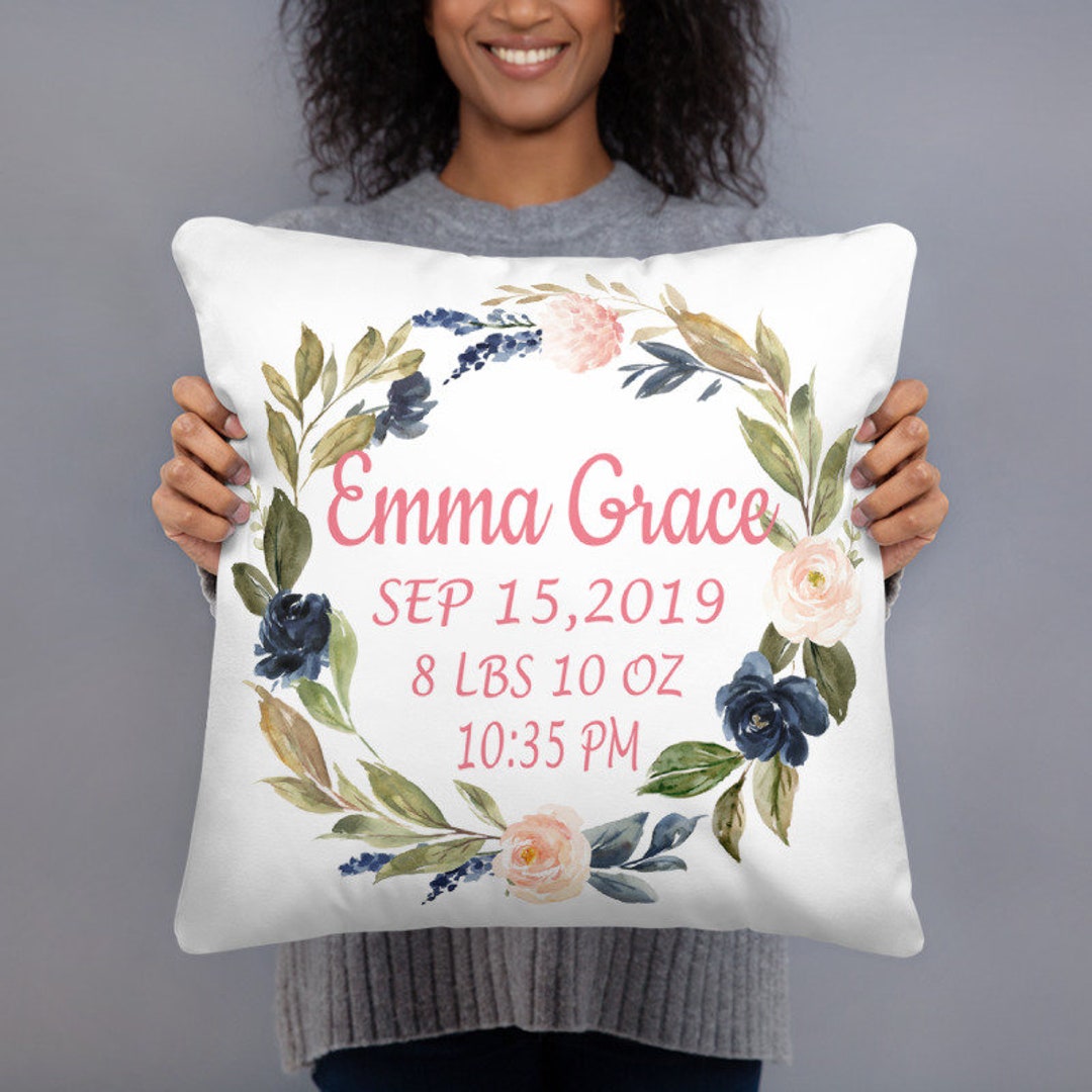 Girl Floral Birth Announcement Pillow Blush Coral Navy Flowers ...