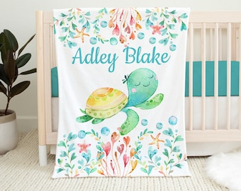 Turtle Baby Blanket, Personalized Sea Animals Baby Boy Girl