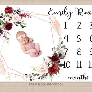 Floral Red Roses Milestone Blanket, Personalized Monthly Growth Blanket Watercolor Blush Pink Burgundy Red Flowers Baby Shower Gift  B1408