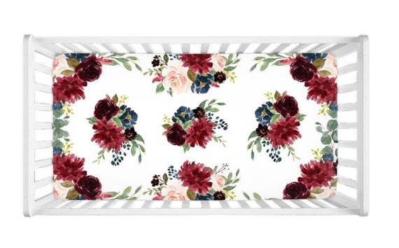 Floral Crib Sheet Blush Pink Burgundy Red Navy Maroon Flowers