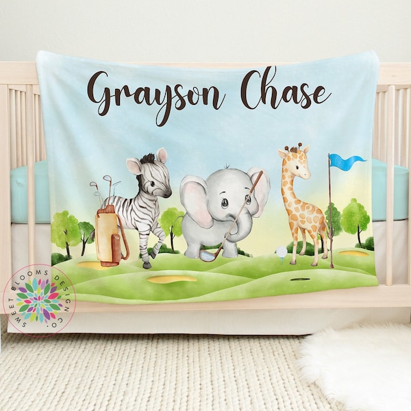 Golf Animals Baby Blanket, Golf Baby Boy Personalized Name Jungle Zoo Blanket,  Custom Newborn Baby Shower Gift Giraffe Zebra Elephant B1701