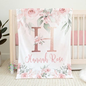 Blush Pink Floral Blanket, Pink Watercolor Flowers Rose Gold Name Blanket, Monogram Baby Girl Personalized Blanket, Baby Shower Gift  B1433