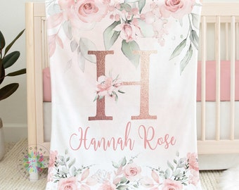 Blush Pink Floral Blanket, Pink Watercolor Flowers Rose Gold Name Blanket, Monogram Baby Girl Personalized Blanket, Baby Shower Gift  B1433