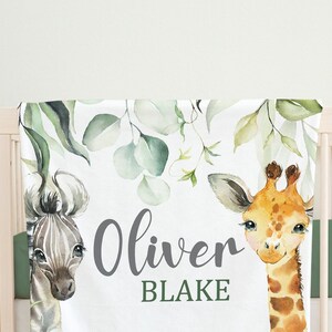 Safari Animals Baby Blanket, Jungle Greenery Personalized Boy Girl Name ...