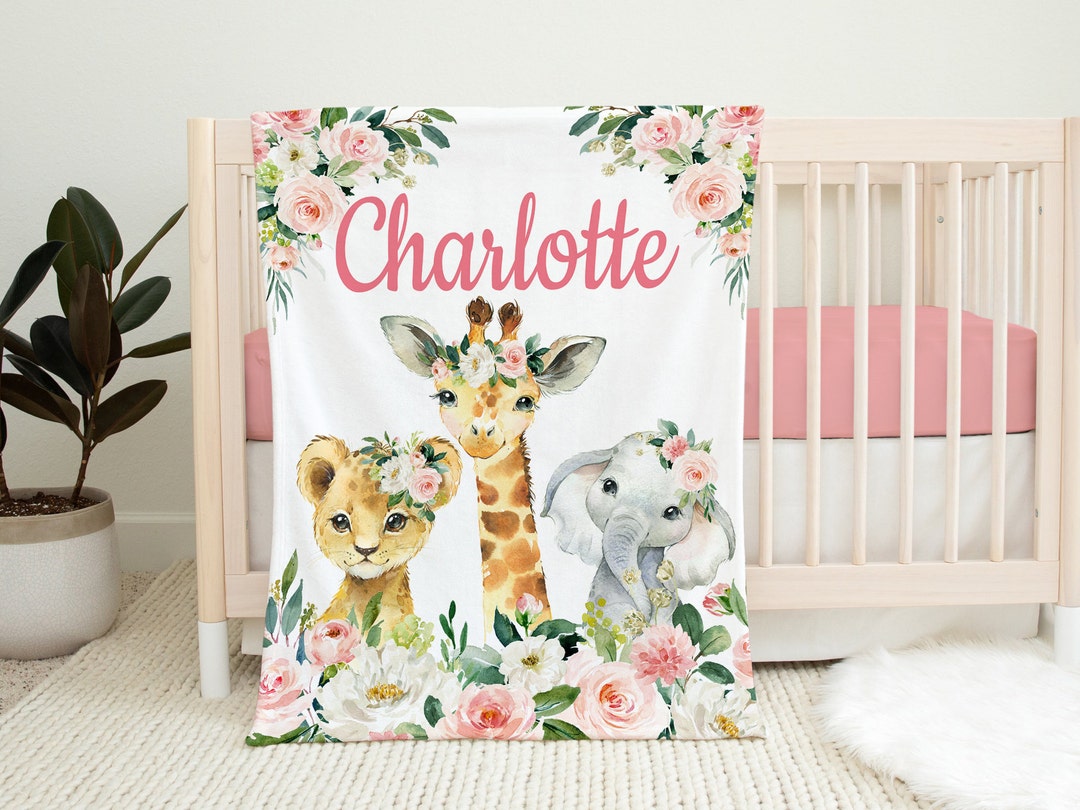 Personalized Animals Girl Blanket, Custom Baby Name Safari, Pink Roses ...