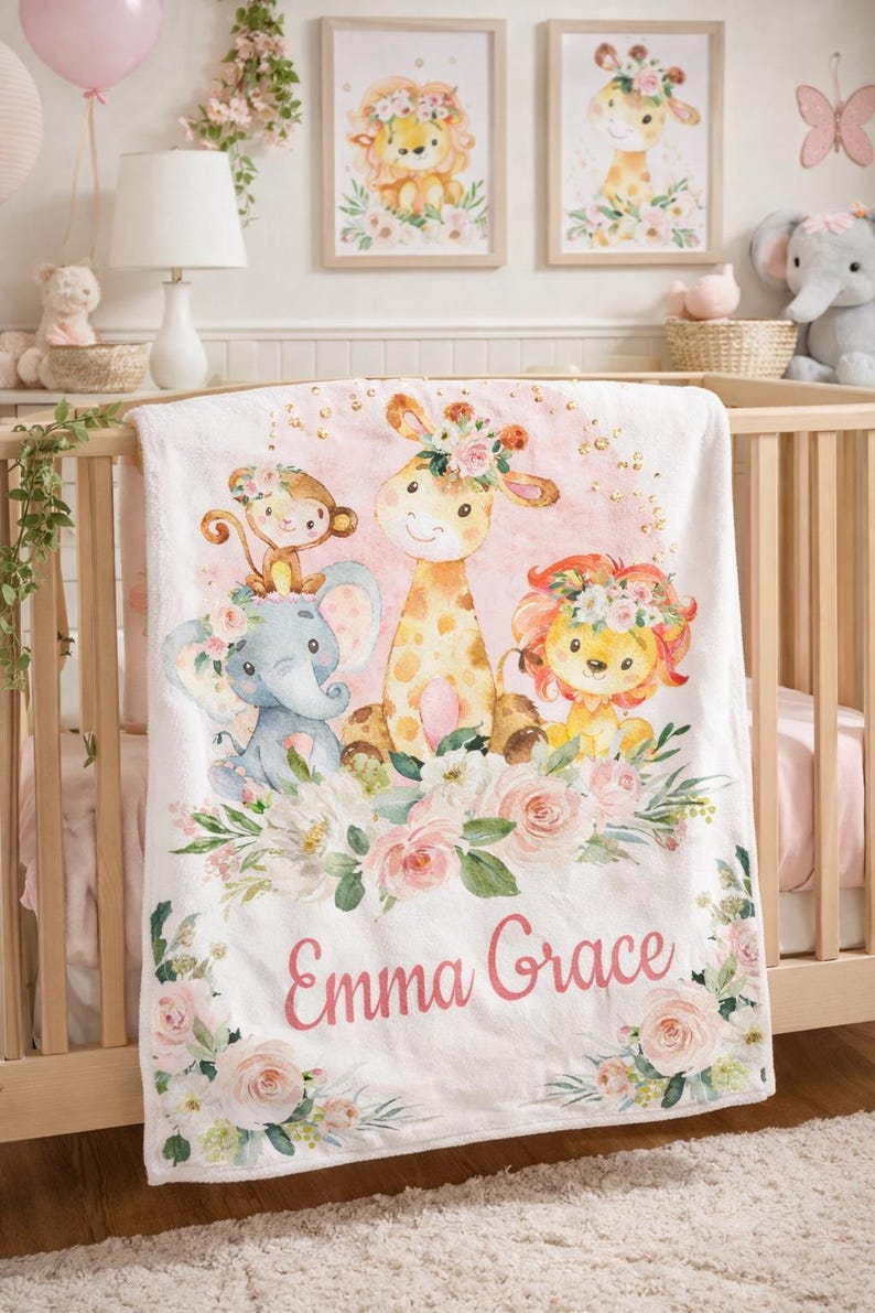 Personalized Safari Animals Baby Girl Blanket – Floral Jungle Nursery ...