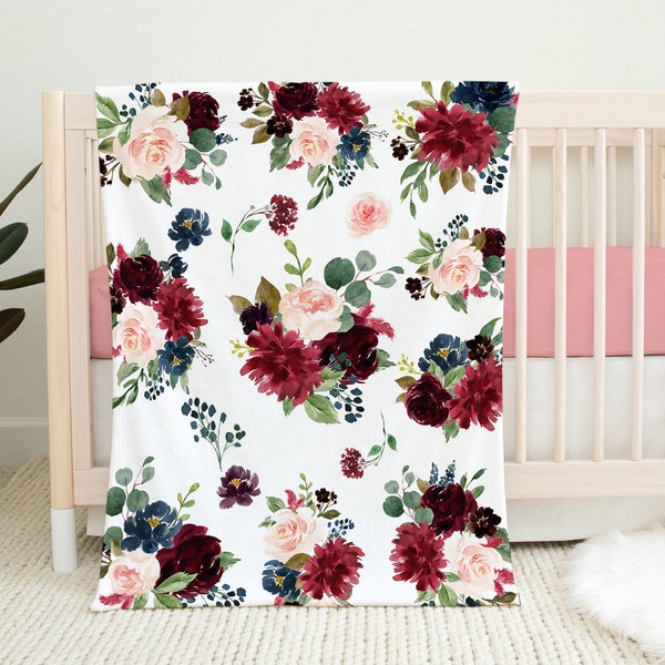 Floral Baby Girl Blanket, Blush Pink Navy Blue Maroon Burgundy Red Watercolor Flowers Roses Nursery  Baby Shower Gift