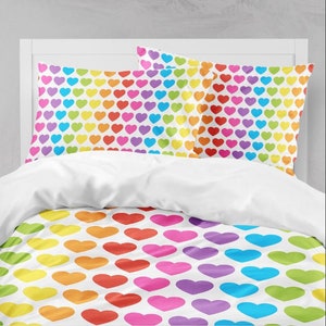 Rainbow Hearts Kids Comforter Set Bright Hearts Pink Purple Blue Green Yellow Kids Bedding Set Pillow Shams Girl Name Bedding  103