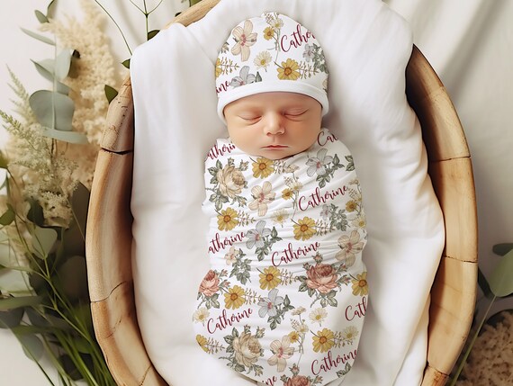 VINTAGE Floral Baby Swaddle Blanket Flowers Roses Personalized Baby Girl Beanie Hat Baby Shower Gift Newborn Coming Home Outfit 102 Etsy